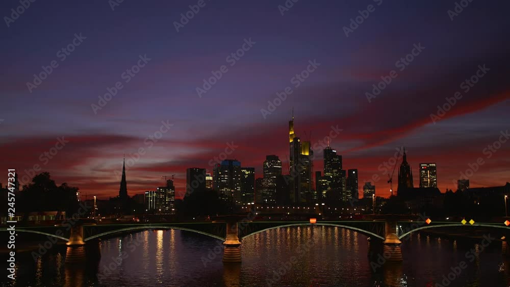 The skyline of Frankfurt at sunset in fast motion The skyline of Frankfurt at sunset in fast motion