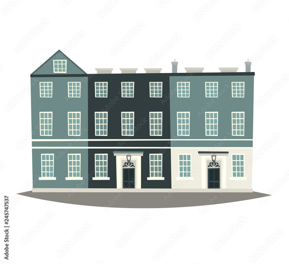 London street landscape vector Illustration. Apartment buildings cartoon icon. England landmark, London city symbol cartoon style. Isolated white background London street landscape vector Illustration. Apartment buildings cartoon icon. England landmark, London city symbol cartoon style. Isolated white background