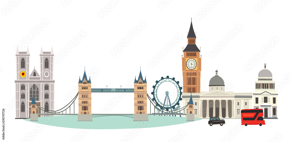 London cityscape vector illustration. Cartoon United Kingdom skyline. London tourist landmarks. Tower bridge art. London symbols red phone booth and bus. Isolated on white background