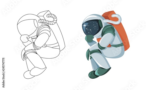 Cartoon astronaut thinking or searching solution isolated on white background