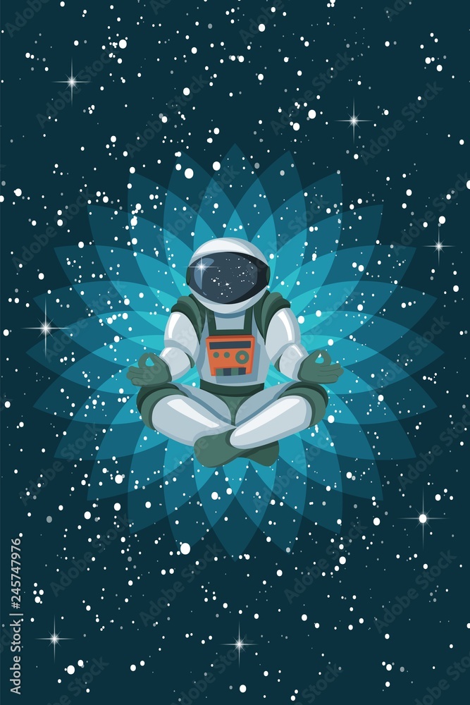 Astronaut sitting in lotus position, meditating, relaxing floating in space Astronaut sitting in lotus position, meditating, relaxing floating in space