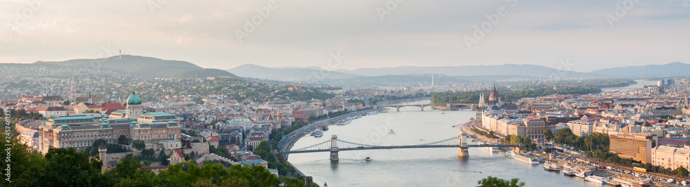 Wide panoramic view of Budapest and the Danube river