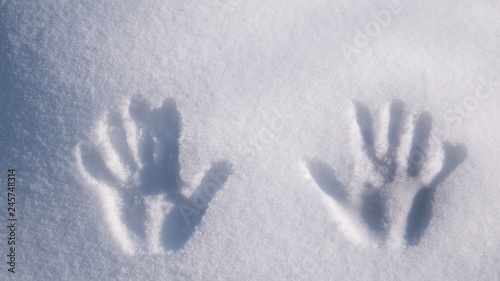 Handprint on snow. imprint hands on snow