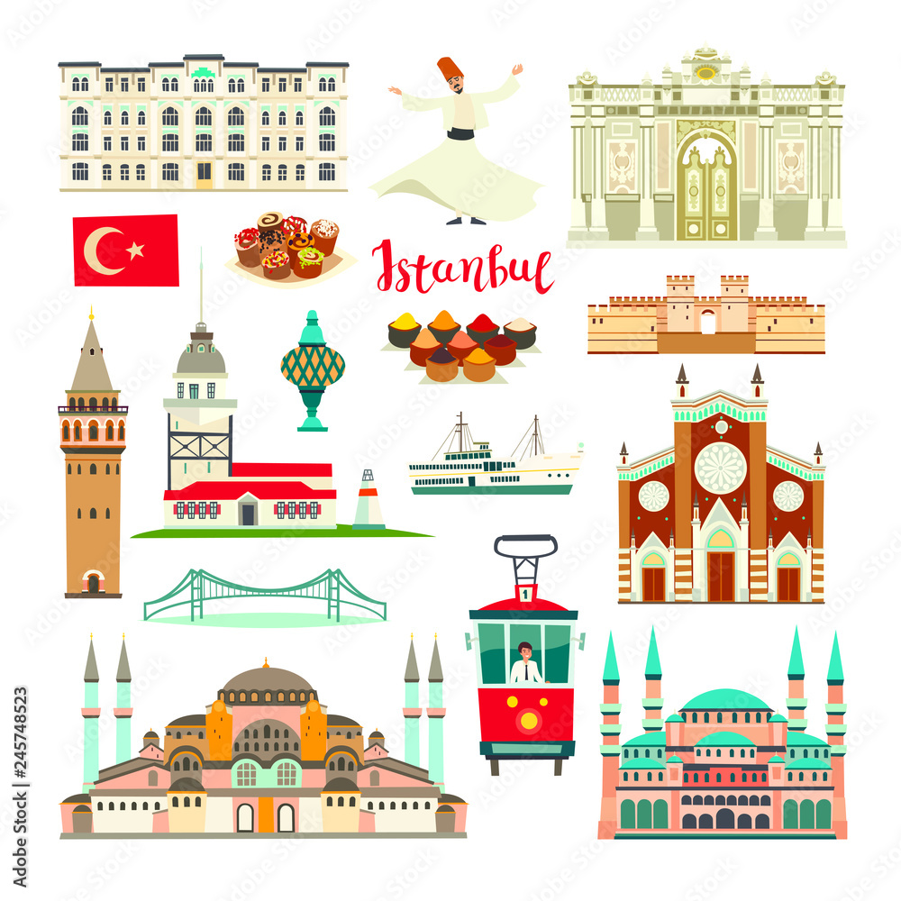 Istanbul City colorful vector collection. Istanbul building and landmarks. Mosque, Temple cartoon style. Bridge and Palace icon. Turkish tram and dancer