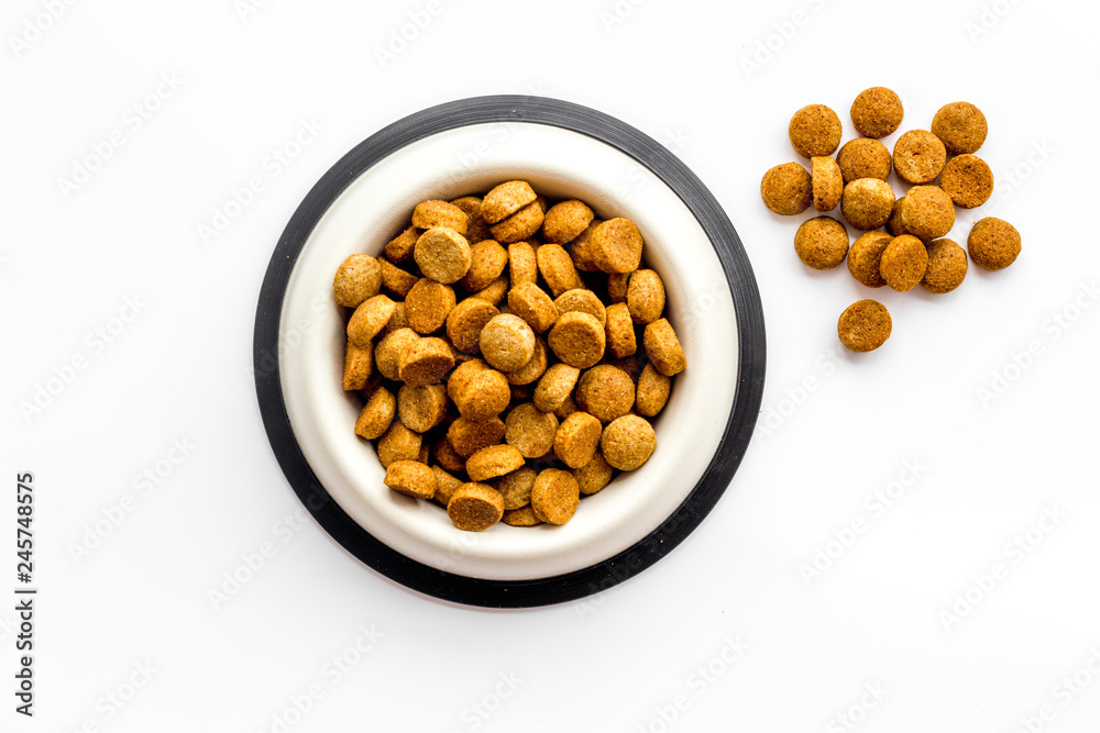 Dry dog food in bowl on white backgorund top view copy space Dry dog food in bowl on white backgorund top view copy space