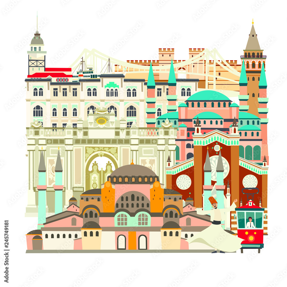 Istanbul City colorful beautiful vector card. Istanbul abstract  building: Mosque, Temple. Bridge and Palace Turkish tram and dancer