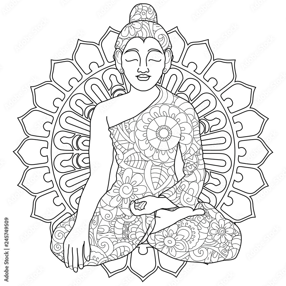 Adult antistress coloring manadala, woman doing yoga pattern, astrakhan. Illustration of black lines doodle, white background