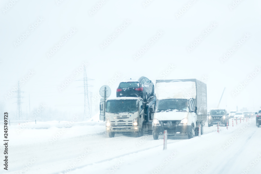 Traffic jam caused by heavy snowfall.