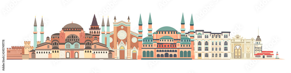 Istanbul City colorful skyline vector seamless pattern. Famous Istanbul building