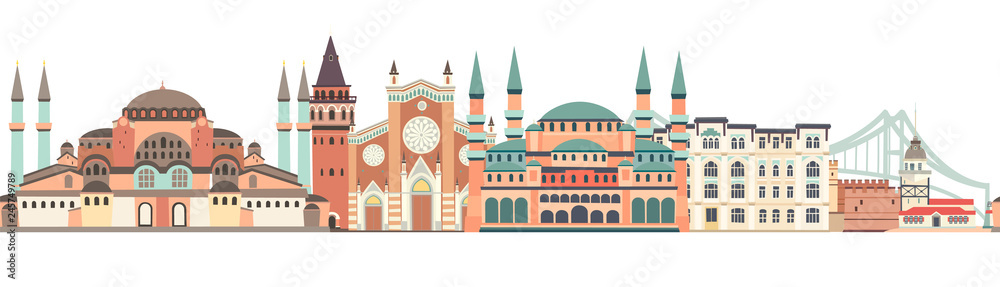 Fototapeta premium Istanbul City colorful skyline vector seamless pattern. Famous Istanbul building