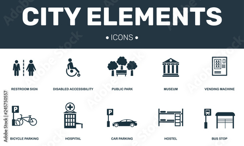 City elements set icons collection. Includes simple elements such as Restroom, Disabled, Public park, Hostel and Car parking premium icons photo