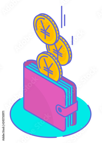 Line isometric illustration of yen and yuan coins droping into wallet with banknotes. The business growth, japanese and chinese money, earnings, profit, income, financial success vector concept.
