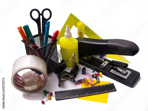 office supplies isolated on white background photo