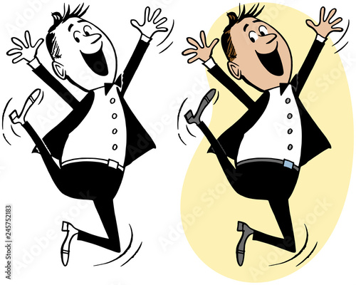 A happy man literally jumping for joy.
