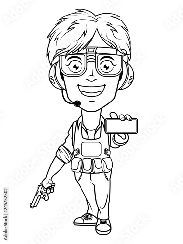 Boy Characters holding a gun and showing a smartphone, wearing bulletproof vest, goggles, and headset for shooting games mascot Coloring Book Cartoon Vector