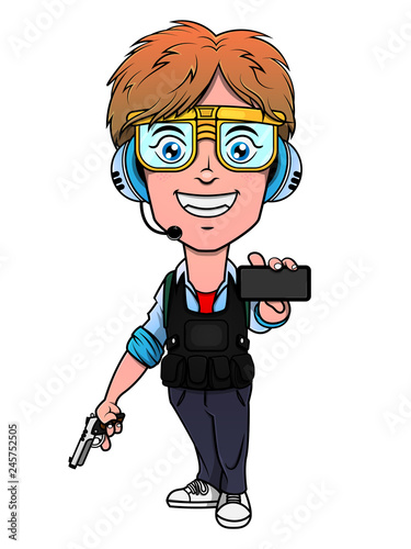 Boy Characters holding a gun and showing a smartphone, wearing bulletproof vest, goggles, and headset for shooting games mascot Cartoon Vector
