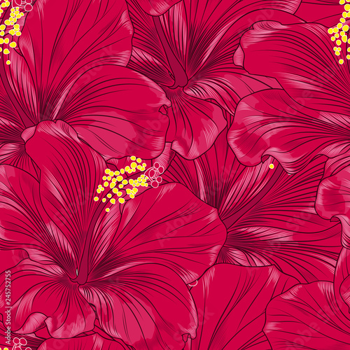 Seamless bright tropical background with a paradise exotic hibiscus flower.