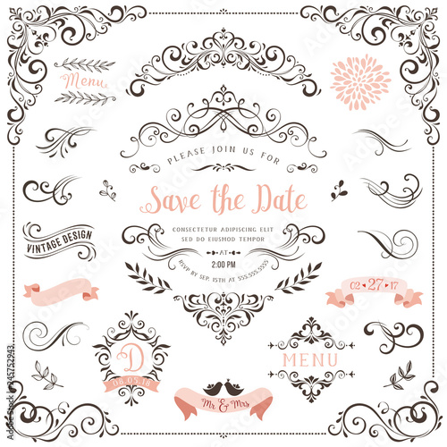 Ornate vintage design elements with calligraphy swirls, swashes, ornate motifs and scrolls.  Good for Save the Date cards, Wedding invitations and Thank You cards. 