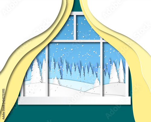 The view from the window of the house, the room on the winter landscape. Vector illustration