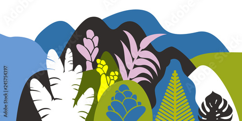 Wallpaper Mural Mountain hilly landscape with tropical plants and trees, palms, succulents. Scandinavian style. Environmental protection, ecology. Park, exterior space, outdoor. Vector illustration. Torontodigital.ca