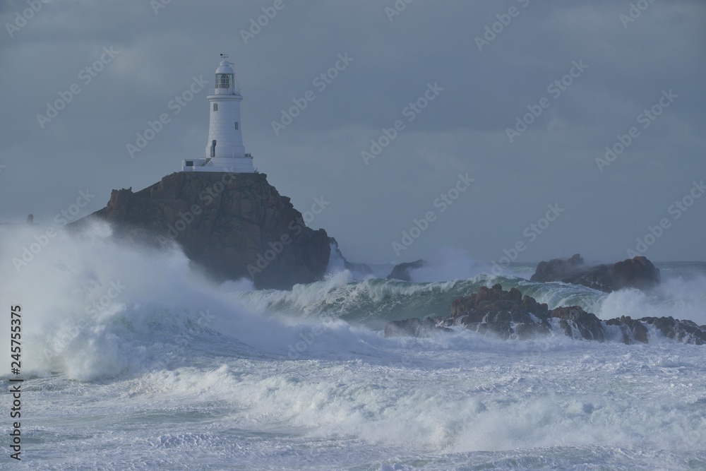La Corbiere lighthouse, Jersey, U.K. Winter storm.