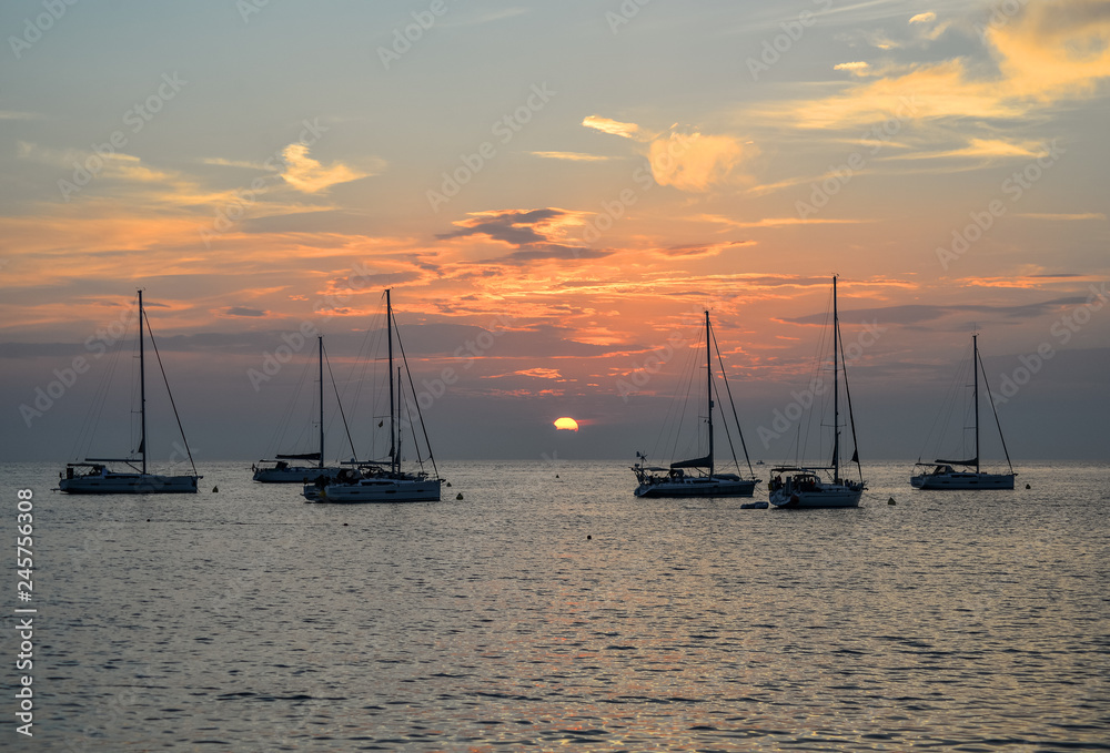 Evening view on Yachts, fishing boats and the Adriatic sunset sea, Rovinj, Croatia