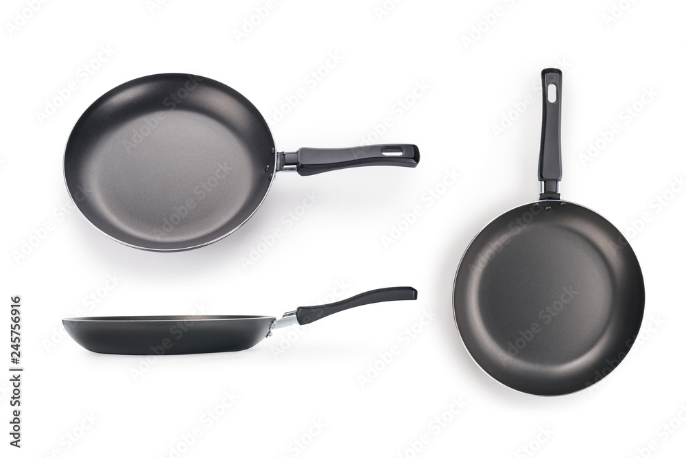 Black frying pan three views isolated on white with clipping path