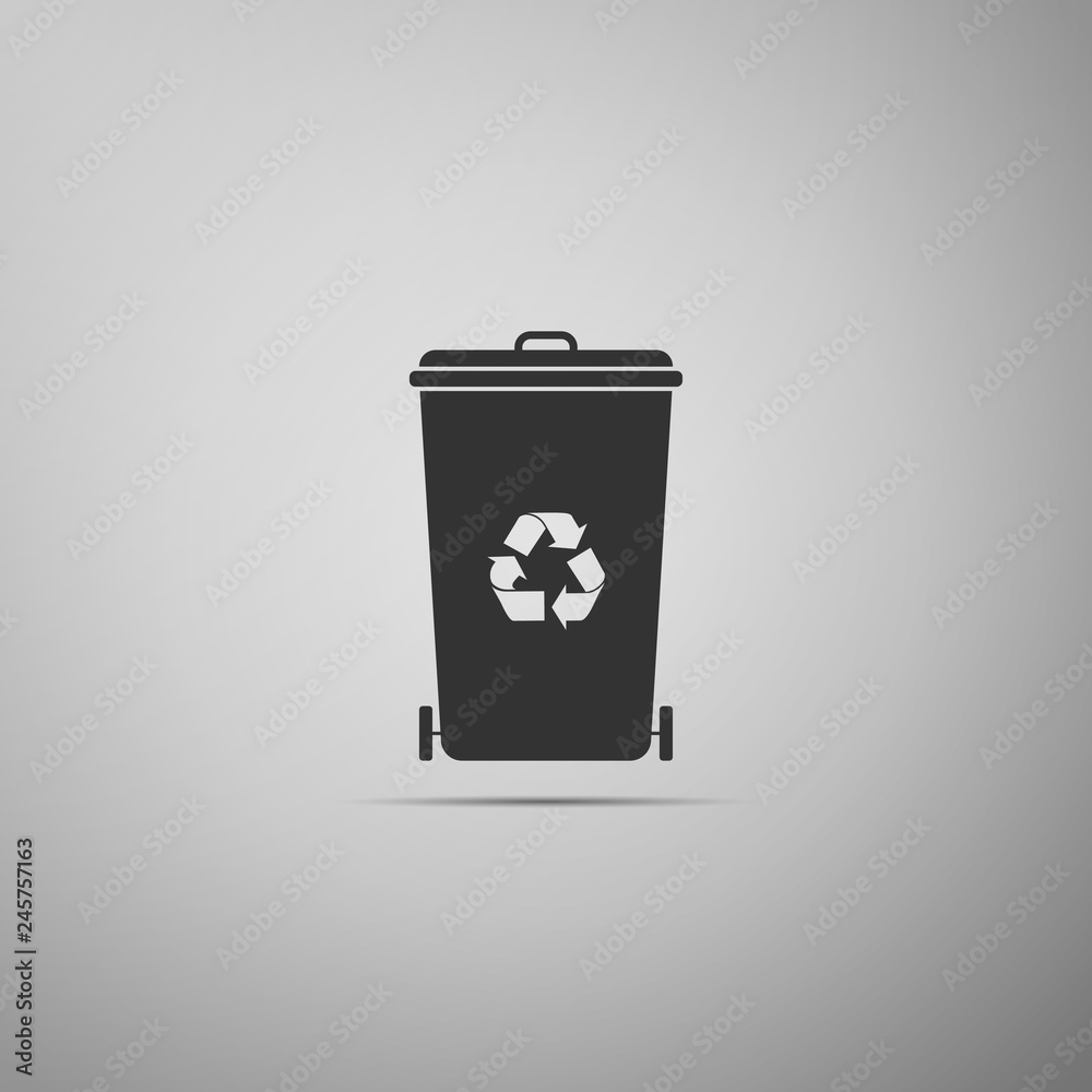 Recycle bin with recycle symbol icon isolated on grey background. Trash can icon. Garbage bin sign. Recycle basket icon. Flat design. Vector Illustration Recycle bin with recycle symbol icon isolated on grey background. Trash can icon. Garbage bin sign. Recycle basket icon. Flat design. Vector Illustration