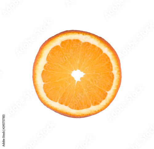 Thin orange fruit slice isolated on a white background. Ctrus round slice. Food background.