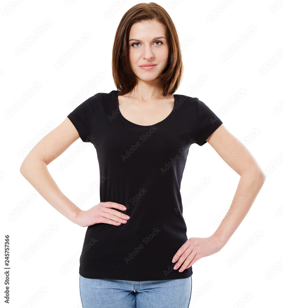 Young beautiful brunette female with blank black shirt. Ready for design or artwork Young beautiful brunette female with blank black shirt. Ready for design or artwork