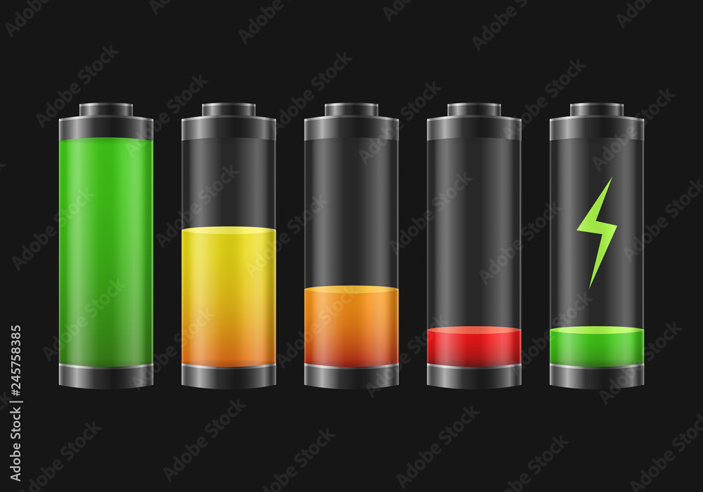 Realistic Detailed 3d Battery Charge Indicators Set. Vector Realistic Detailed 3d Battery Charge Indicators Set. Vector