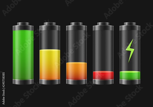 Realistic Detailed 3d Battery Charge Indicators Set. Vector