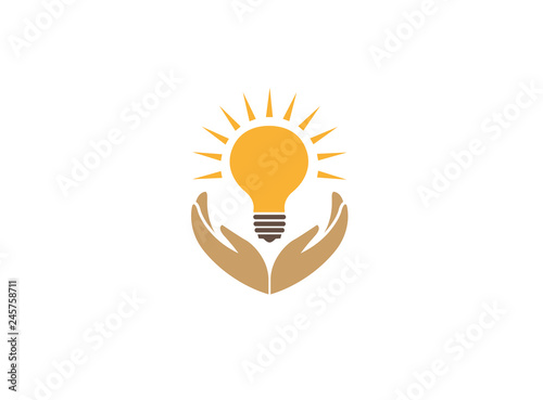 hands holding a lamp with beam to save energy logo
