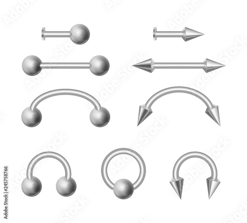 Realistic 3d Detailed Shiny Metal Piercing Jewelry Set. Vector