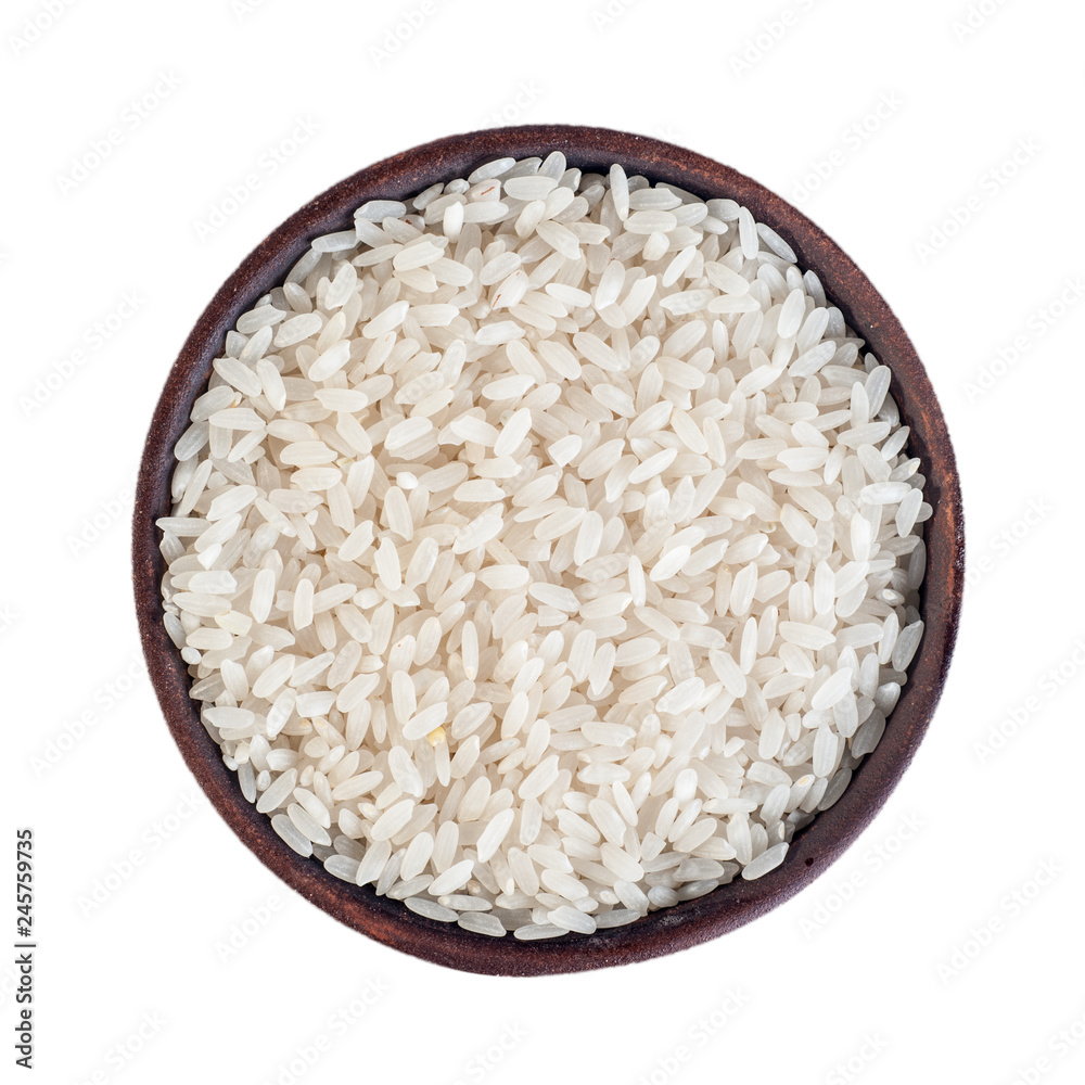 rice cereal in a brown clay plate, close-up, top view, isolated on white background rice cereal in a brown clay plate, close-up, top view, isolated on white background
