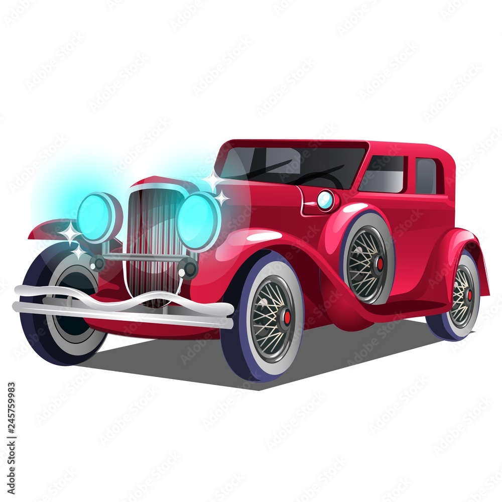Vintage retro red car isolated on white background. Vector cartoon close-up illustration.