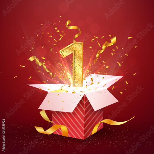1 st year number anniversary and open gift box with explosions confetti. Template one first birthday celebration on red background vector Illustration.