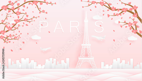 Illustration of Paris city, France on Autumn. France's famous architecture on Autumn. paper cut and craft design