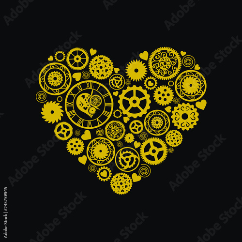 Heart consisting of gears in the Victorian style, hand drawn. Vector illustration
