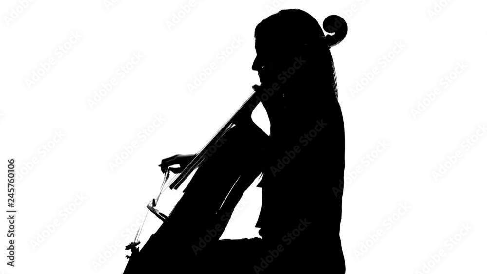 Female hand plays with a bow on a cello in white studio . White background. Side view. Silhouette Female hand plays with a bow on a cello in white studio . White background. Side view. Silhouette