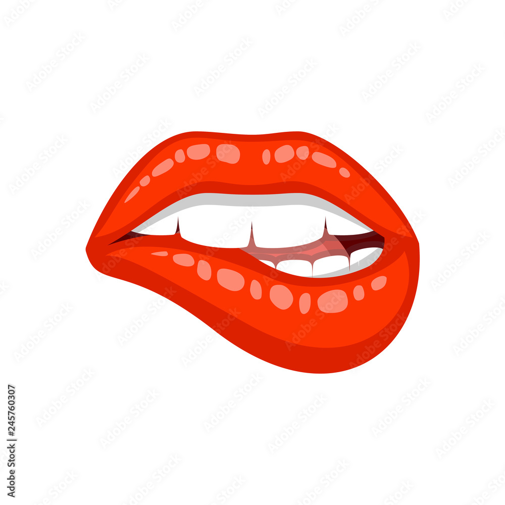 Illustration of sexy woman's lip. Bite one's lip, female lips with red lipstick. Vector illustration isolated on white background. Illustration of sexy woman's lip. Bite one's lip, female lips with red lipstick. Vector illustration isolated on white background.