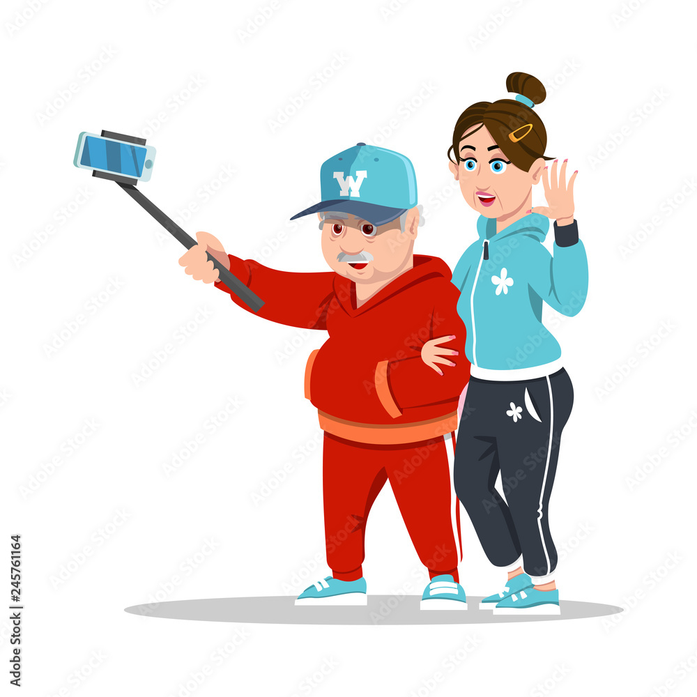 Group of cheerful senior people hipsters gathering and having fun. Concept happy family. Grandparents. Senior people taking selfie photo with stick. Happy pensioners at retirement on white background. Group of cheerful senior people hipsters gathering and having fun. Concept happy family. Grandparents. Senior people taking selfie photo with stick. Happy pensioners at retirement on white background.
