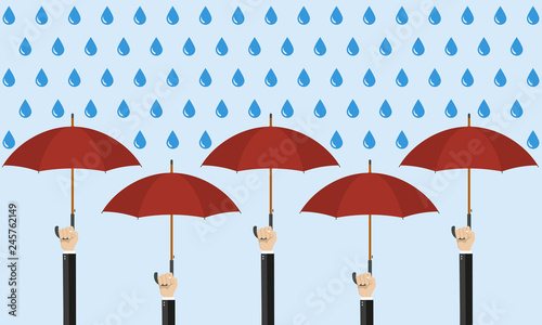 Hands holding umbrellas banner. Rain or storm protection with water drops background. Insurance and business concept. Vector illustration. 