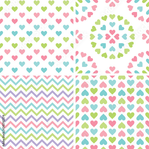 Set of cute seamless retro heart background in pretty pastel colors. Colorful love patterns for baby shower, Valentine's Day, Mother's Day, textiles, gift wrapping paper, surface textures.
