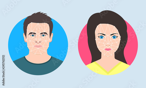 Face ID concept. Facial recognition technology. Biometric verification. Male and female avatar. Young man and woman faces icon. Vector illustration.