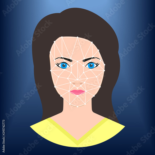 Face ID icon. Facial recognition technology. Biometric verification. Female avatar. Young woman face. Vector illustration.