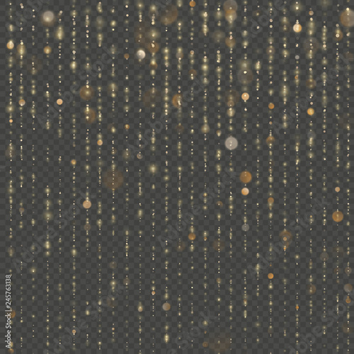 Fashion strass drops with shiny sequins. Gold particles lines rain. Sparkling of shimmering light blurs. Overlay transparent glitter threads of curtain backdrop. Christmas and New Year effect. EPS 10