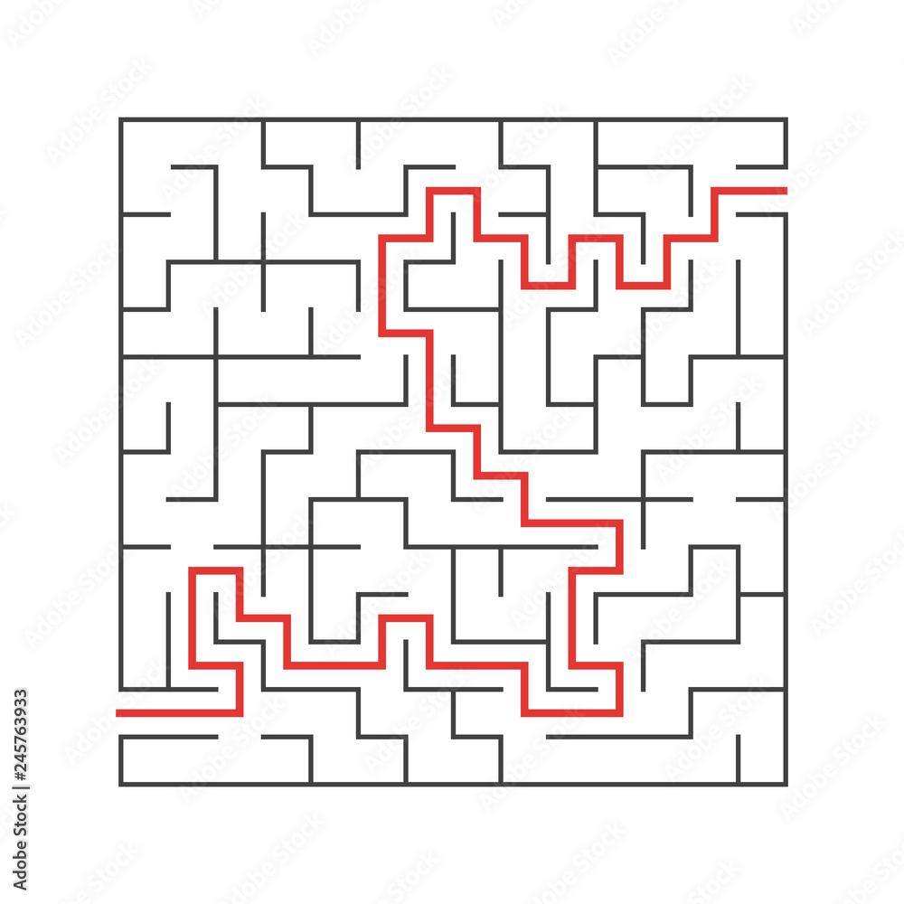 A square labyrinth for kids. The game is a mystery. A simple flat vector illustration on a white background. With the answer.