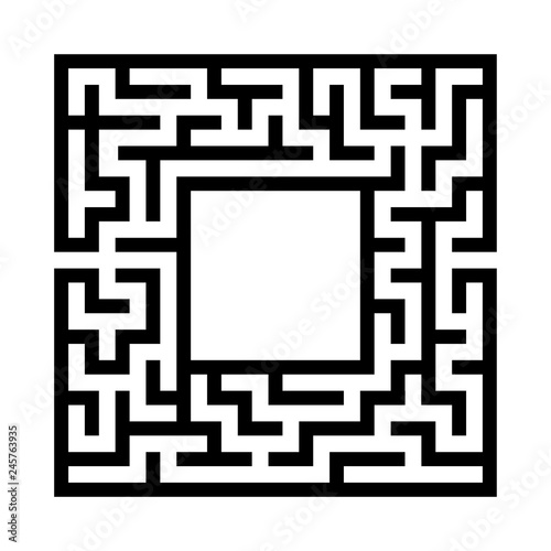 Black abstract square maze with a place for your image. An interesting and useful game for kids. A simple flat vector illustration isolated on a white background.