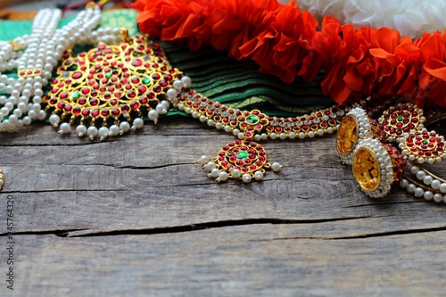 Indian decorations for dancing: bracelets, earrings, elements of the Indian classical costume for dancing bharatanatyam and decorations on the neck and on the head